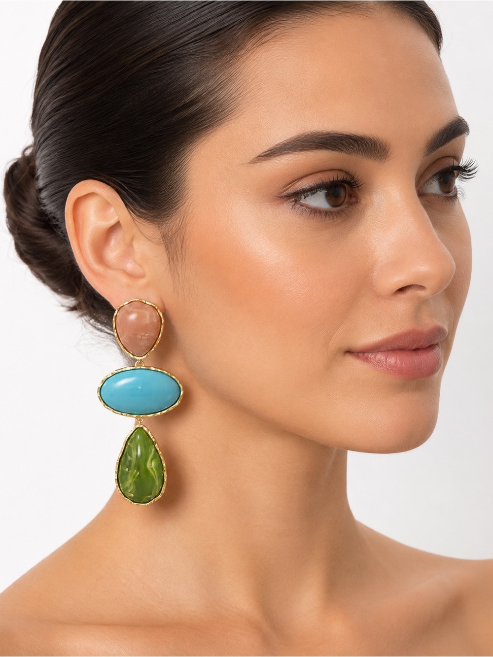 Mango Gold-Tone Drop Earrings with Coral-Peach, Turquoise & Olive Stones - Picture 3 of 3